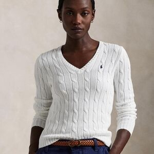 Ralph Lauren Cream Cable-Knit V-Neck Sweater